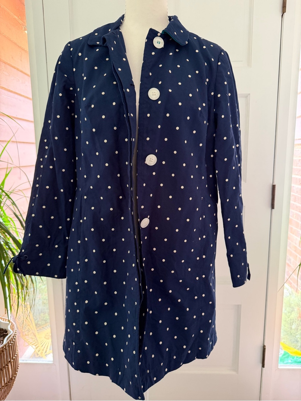 Talbots Navy and White Polka Dot Trench Coat